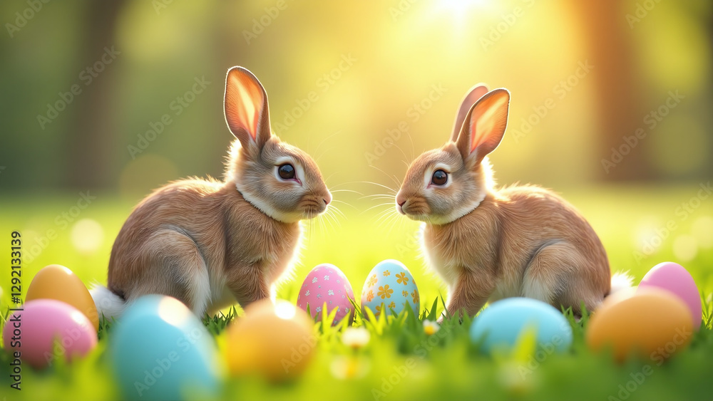 Fototapeta premium bunnies hunt colorful eggs sunny meadows springtime holidays like