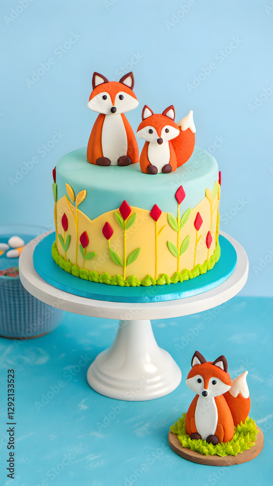 Obraz premium a birthday festive cake with candles and toppers in the shape of cute foxes against blue background