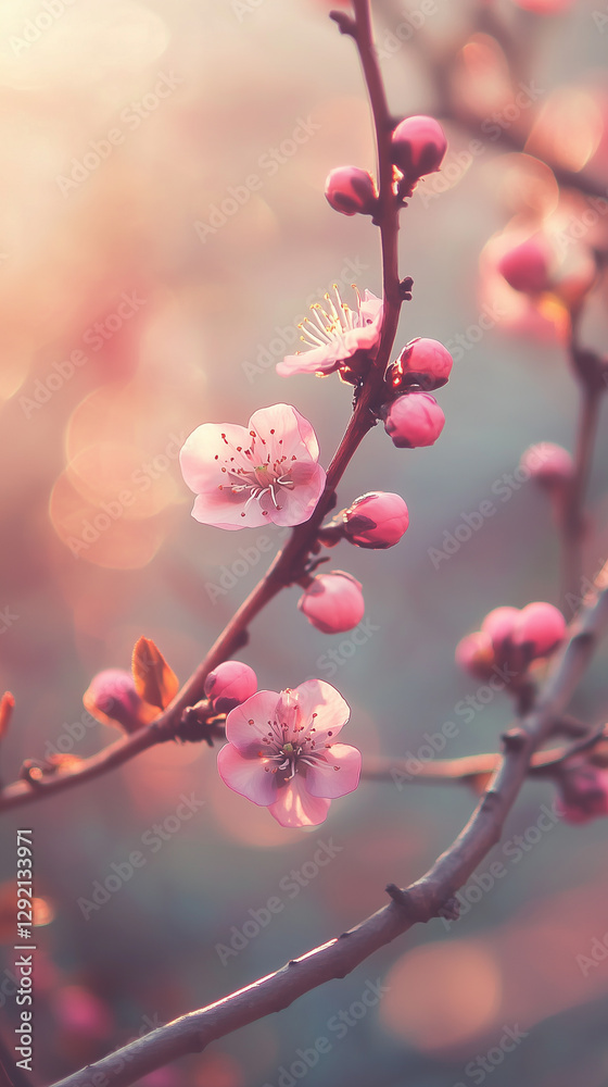 Delicate pink cherry blossoms in soft spring sunlight Delicate pink cherry blossoms in soft spring sunlight