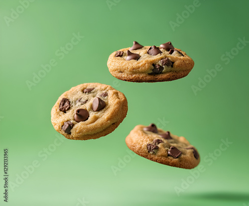 Chocolate chip cookie floating on a green background. Aesthetic sweet food concept. Flying chocolate biscuits