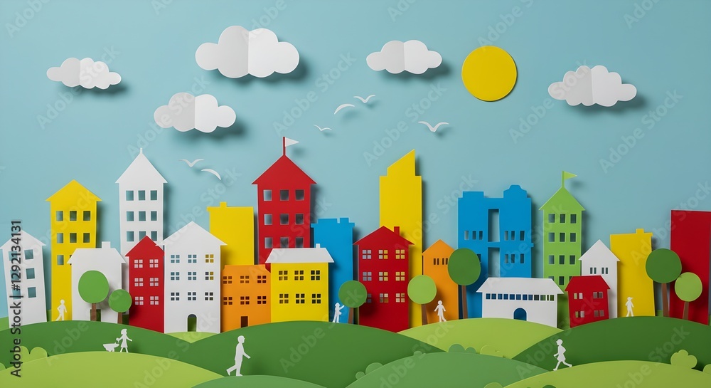 A colorful paper cityscape with vibrant houses, trees, and clouds, set against a blue sky and grassy hills, creating a whimsical, cheerful atmosphere. A colorful paper cityscape with vibrant houses, trees, and clouds, set against a blue sky and grassy hills, creating a whimsical, cheerful atmosphere.