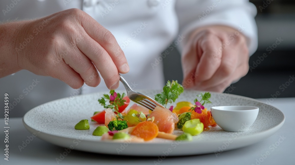 chef plating artistic appetizer with fork chef plating artistic appetizer with fork