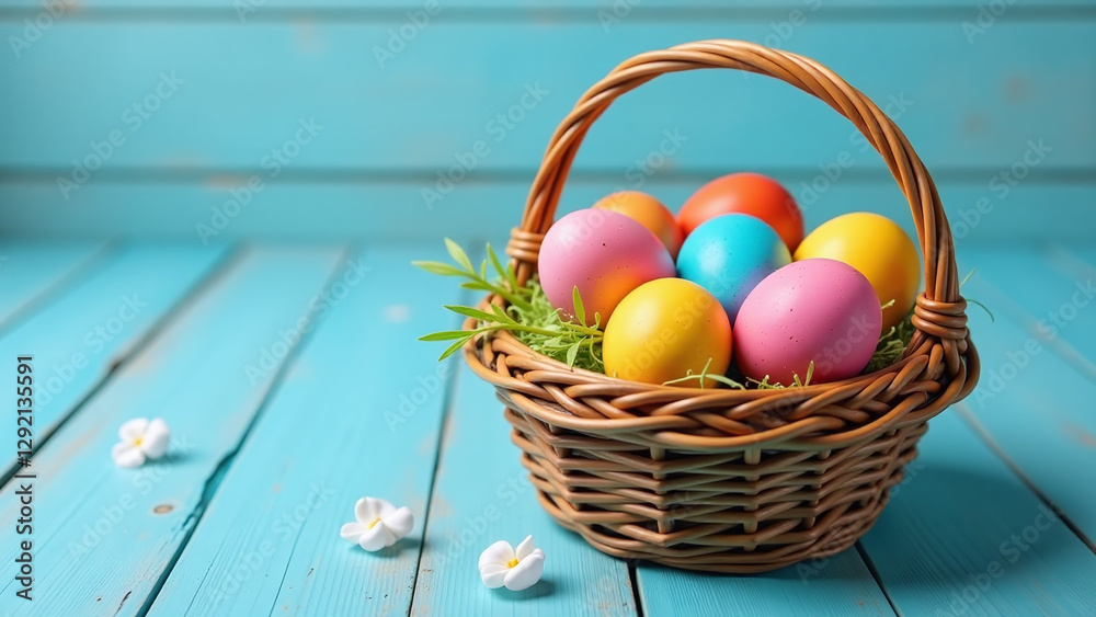 colorful easter eggs fill basket blue wooden table preparation celebrating holiday family friends nearby colorful easter eggs fill basket blue wooden table preparation celebrating holiday family friends nearby