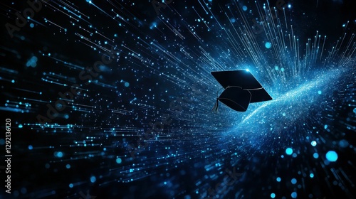 Abstract digital technology background with a graduation cap floating on blue glowing light particles and dots, representing the concept of online education or training in a virtual space