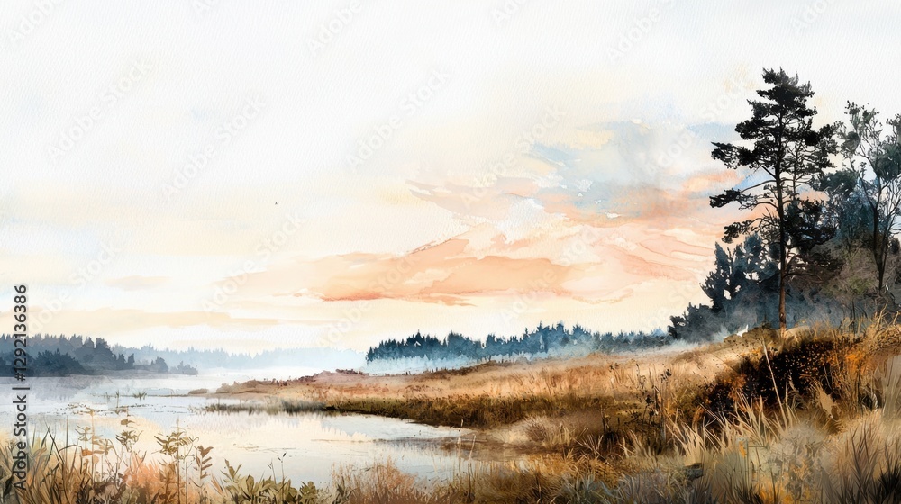A painting of a lake with a tree in the background A painting of a lake with a tree in the background