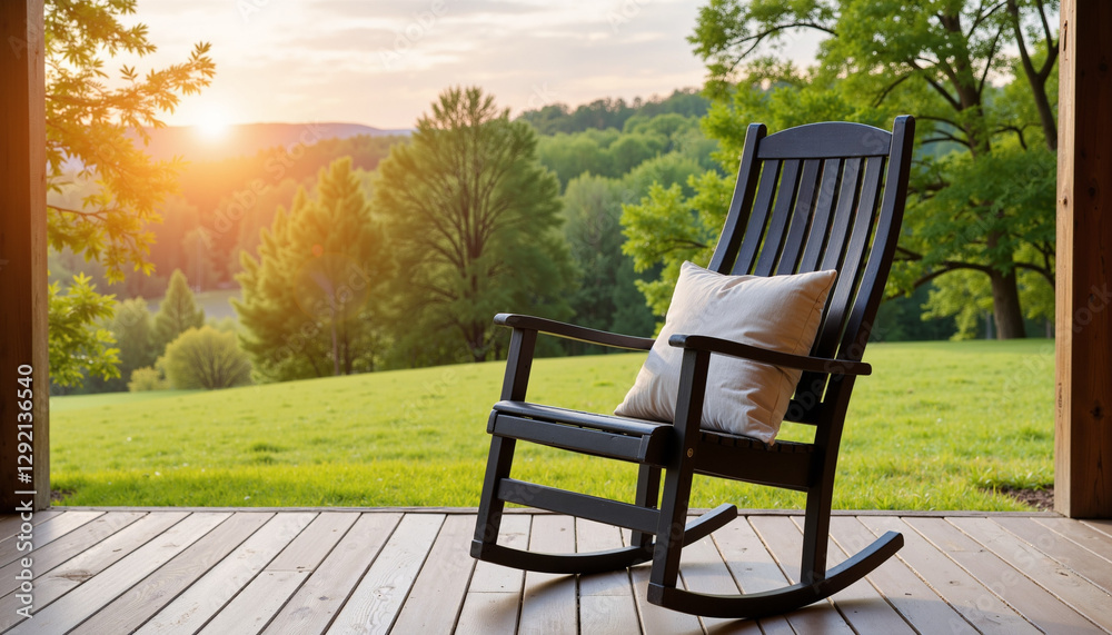 Rocking chair on patio with scenic view and sunset Rocking chair on patio with scenic view and sunset