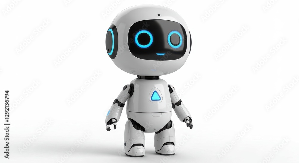 A small humanoid robot with a sleek and modern design the robot has a white body with smooth rounded edges round blue eyes giving it a friendly and approachable appearance on white background A small humanoid robot with a sleek and modern design the robot has a white body with smooth rounded edges round blue eyes giving it a friendly and approachable appearance on white background