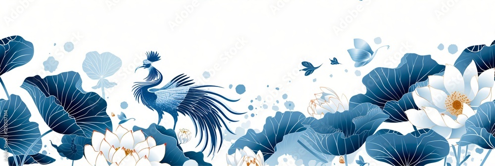 Fototapeta premium Blue lotus flowers with elegant crane bird oriental pattern on white background. Traditional asian floral design for wallpaper, fabric print and decoration