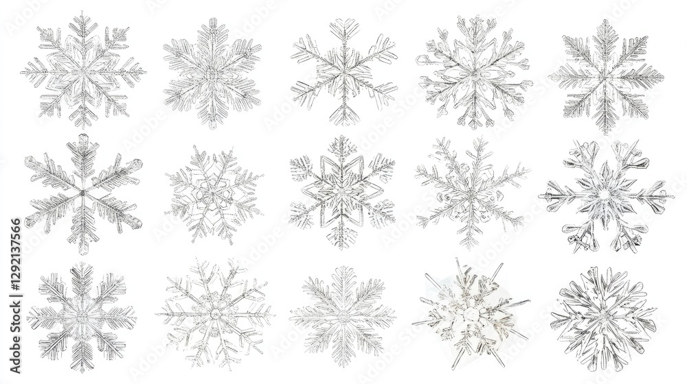 Set of Different Snowflakes: Set of different snowflakes isolated on white background, macro photo of real snow crystals, generative AI, Set of Different Snowflakes: Set of different snowflakes isolated on white background, macro photo of real snow crystals, generative AI,