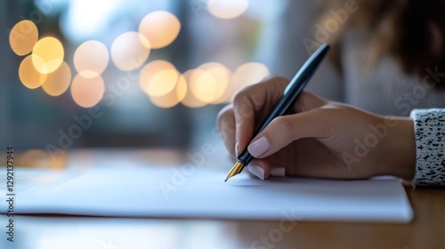 Woman writing, indoor, bokeh, pen