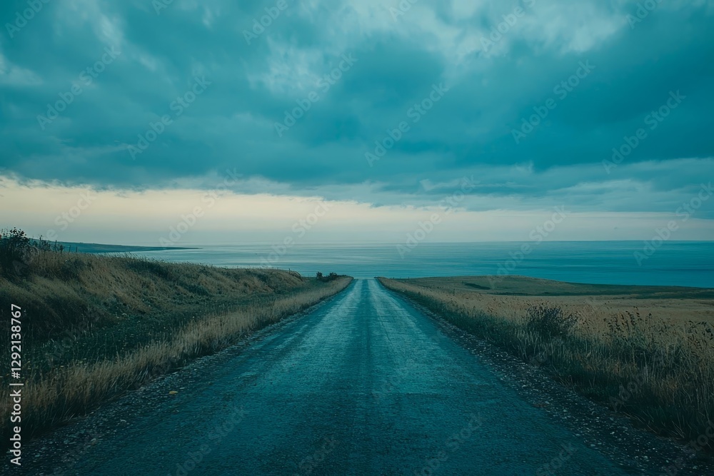 Open road leading to horizon, blank background.