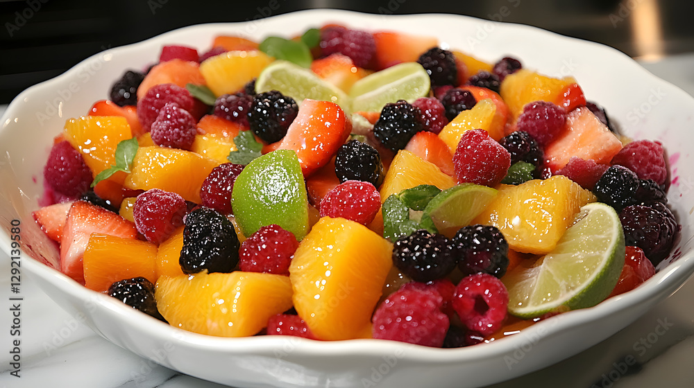A fresh citrus and berry fruit salad with a variety of colorful fruits served in a white bowl with a drizzle of lime juice. A fresh citrus and berry fruit salad with a variety of colorful fruits served in a white bowl with a drizzle of lime juice.