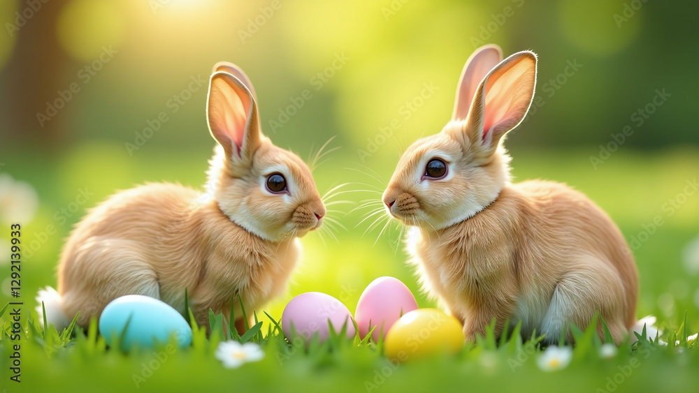 Fototapeta premium easter bunnies hide eggs green fields spring