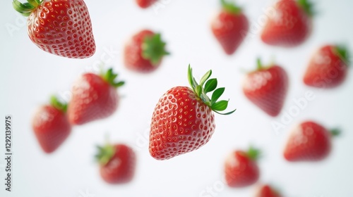 Several strawberries floating against a light background, with one strawberry in sharp focus and the others blurred. The strawberries are vibrant red with green leaves