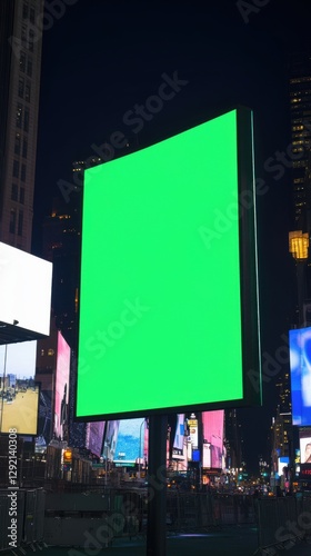 A large green screen billboard in a city at night, surrounded by other illuminated billboards and buildings