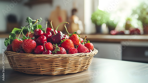 A fruit basket with red strawberries, raspberries, and cherries, arranged on a wooden countertop in a kitchen.