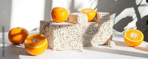 Studio photography a beauty product podium made with porous stones and oranges on a white sunny background, ideal for skincare and beauty product displays
