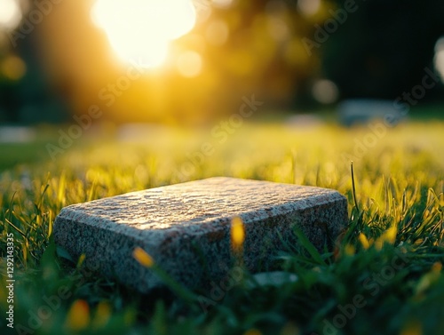 small Stone in Grass with Sunset in Background