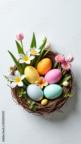 easter nest features colorful eggs spring flowers crisp white
