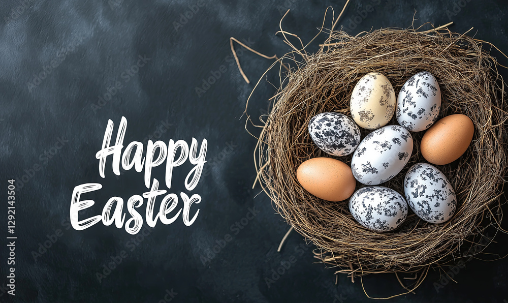 Obraz premium Rustic Celebration: Traditional Easter Nest Against Dramatic Backdrop