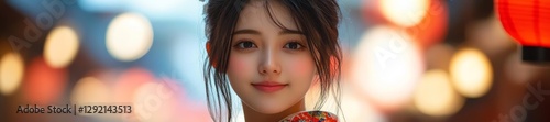 Close-up of a Japanese woman in yukata holding a paper lantern celebrating Tanabata. Generative AI