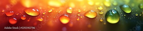 A Close-up Image of Colorful Water Drops with Reflections on a Vibrant Surface. Generative AI photo