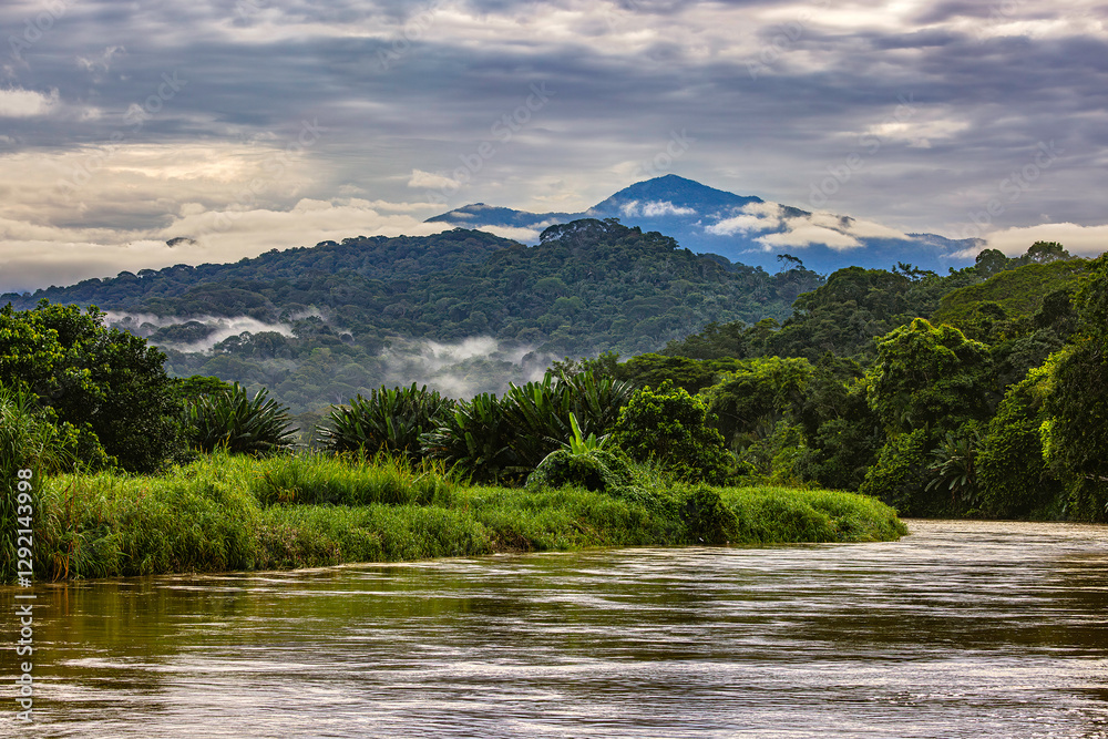 Costa Rica. Rio Grande de Tarcoles estuary area (mouth of the Tarcoles River) surrounded by rainforest and the southern slopes of the Cordillera Central volcanic range