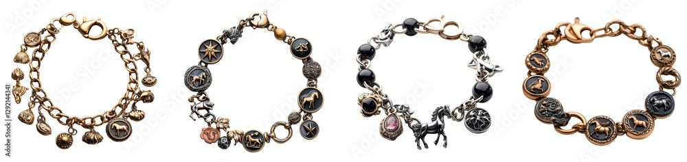 Elegant charm bracelets with various colorful charms and intricate designs Elegant charm bracelets with various colorful charms and intricate designs
