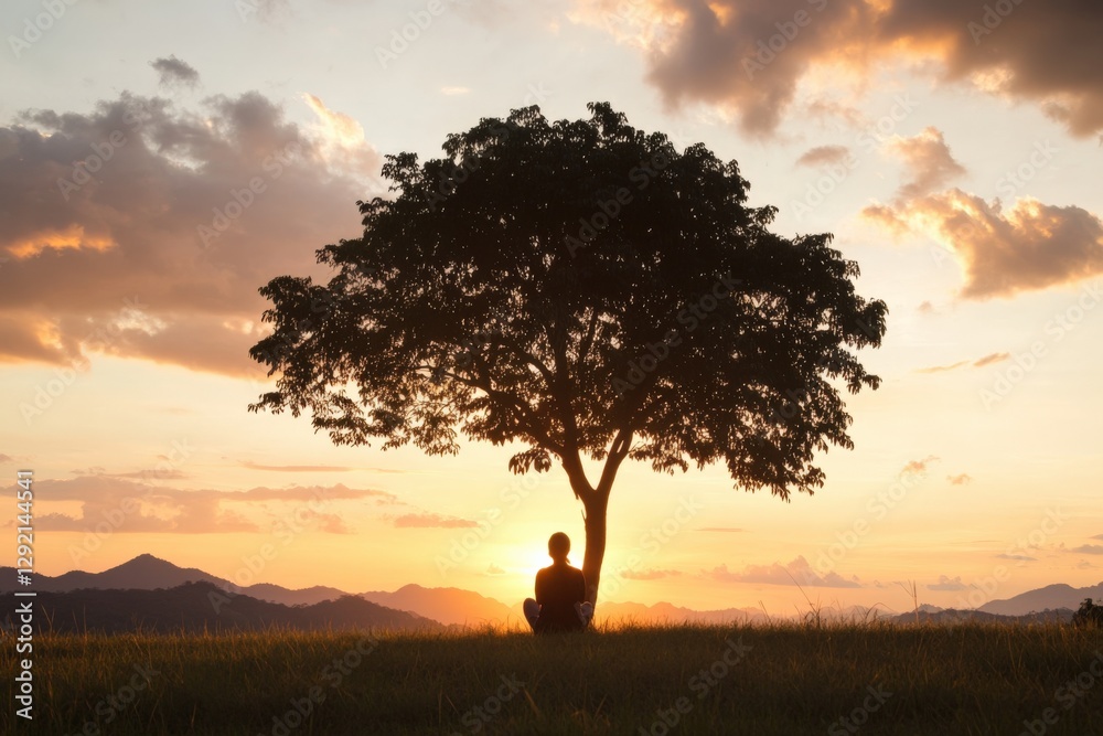 silhouette of a person meditating under a tree at sunset