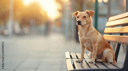 Trained dog sitting on a bench at a bus stop, soft reflections on the pavement, sleek urban background, sunset light