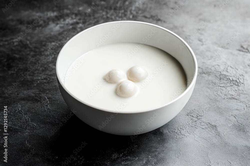 Tangyuan in creamy milk dessert bowl on dark textured surface Tangyuan in creamy milk dessert bowl on dark textured surface