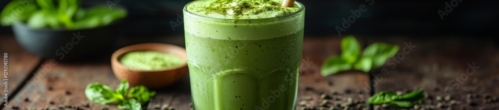 A refreshing iced matcha tea latte in a glass jar with bamboo straw and frothy green foam. Generative AI A refreshing iced matcha tea latte in a glass jar with bamboo straw and frothy green foam. Generative AI