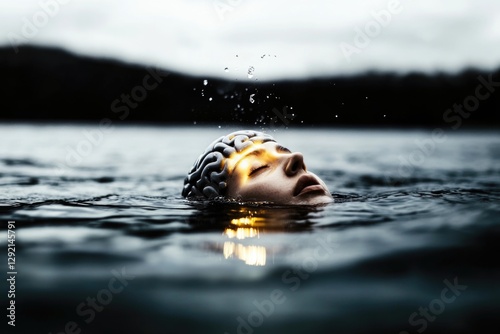 Conceptual image of brain-enhanced female emerging from water with illuminated mind