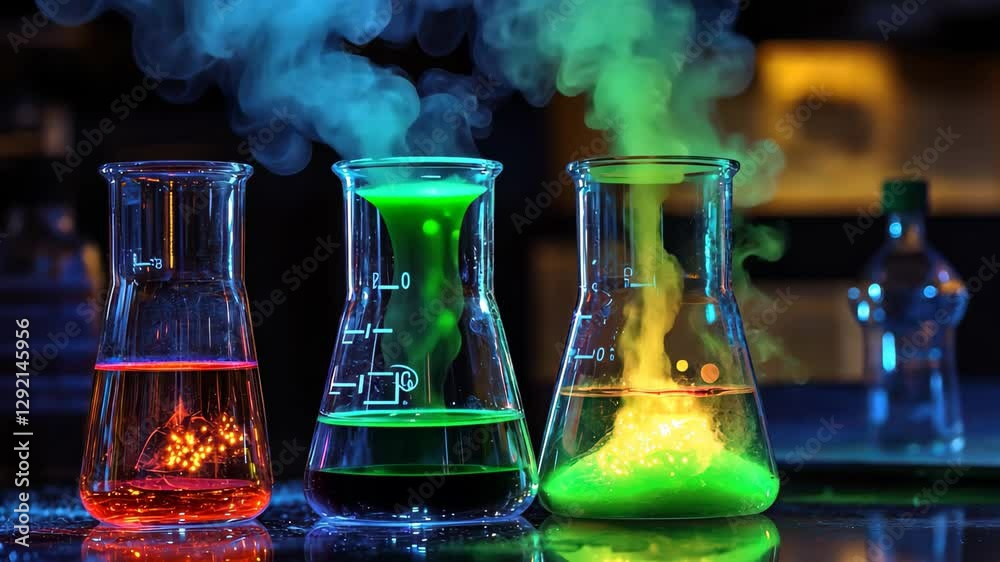 Colorful chemistry experiment featuring glowing liquids and smoke in a laboratory setting, Colorful Chemistry Experiment with Glowing Liquids and Beakers