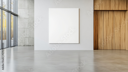 Large blank canvas hanging in modern hotel lobby with concrete and wood, perfect for showcasing artwork or advertisements