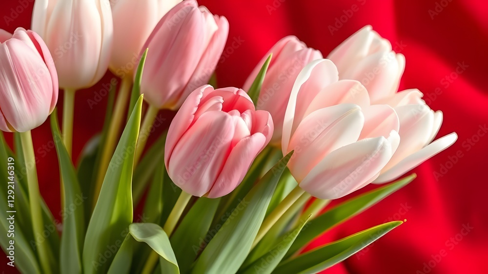 Naklejka premium Enchanting Fresh Tulips Soft Pastel Aesthetics on Deep Red