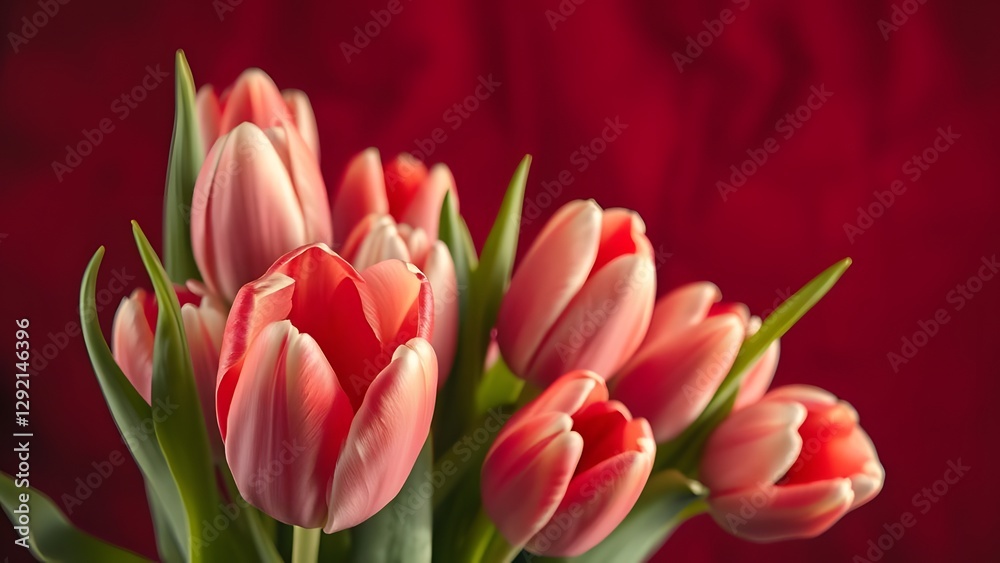 Naklejka premium Serene Beauty Fresh Tulip Bouquet in Soft Daylight, Vintage Film Aesthetic on Deep Red Background with Velvety Textures