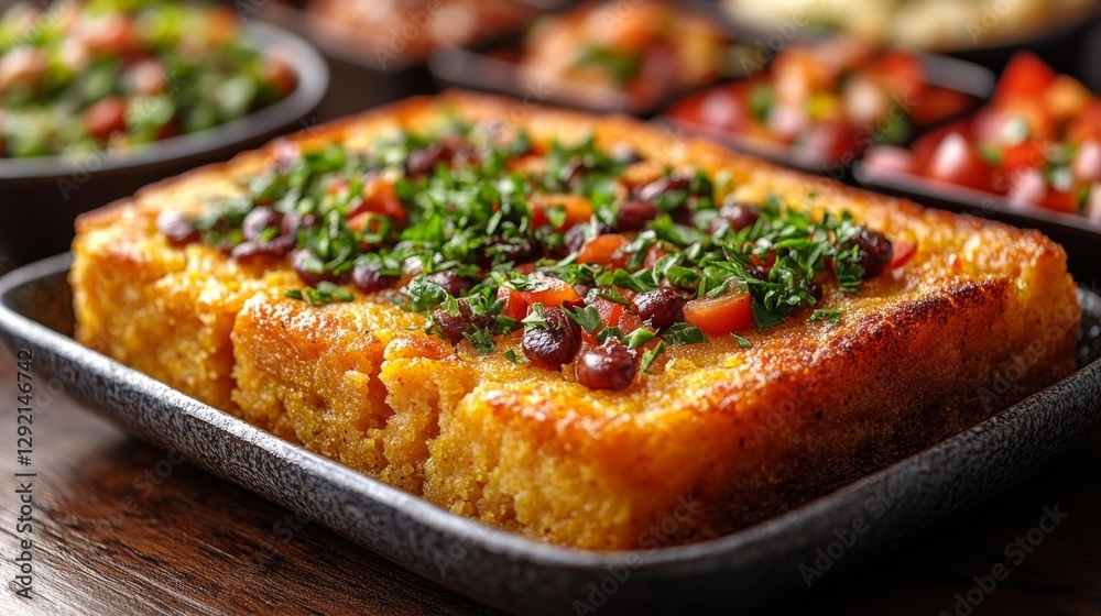 Cornbread topped with beans tomatoes and herbs served as a delicious side dish. Generative AI Cornbread topped with beans tomatoes and herbs served as a delicious side dish. Generative AI