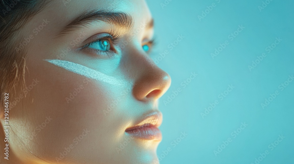 Fototapeta premium Side view of woman face with white lifting marks on light background for facial contouring and aesthetic medicine concept