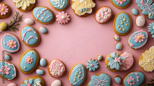 Colorful Easter cookies and decorations arranged on a pink background. Generative AI