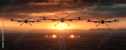 Military drones hovering in precise formation above desert base, silhouetted against dramatic sunset sky with brooding cloudscape photo