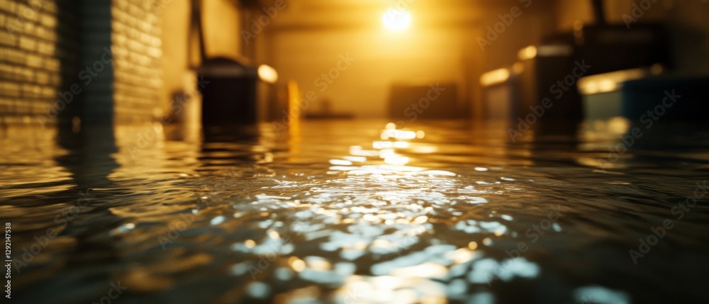 Obraz premium Flooded room interior with reflections and golden light.