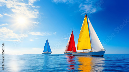 Luxury yachts with colorful sails competing in a regatta on a sunny day, creating a vibrant and exciting scene