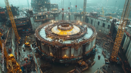 Heavy Machinery and Cranes Work on a Nuclear Reactor Construction Site Under a Dramatic Sky. Generative AI photo