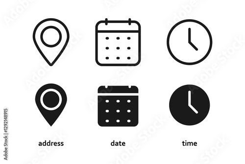 Location, Calendar, date, time, clock line icons set, editable stroke isolated on white, linear vector icon