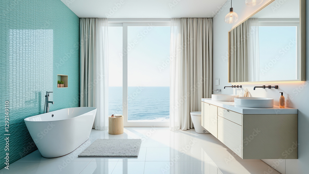Fototapeta premium Turquoise bathroom interior with ocean view and modern design features