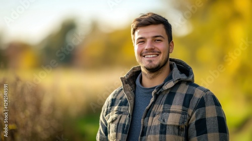 Close portrait of a smiling young Lithuanian male farmer standing and looking at the camera, outdoors Lithuanian rural blurred background