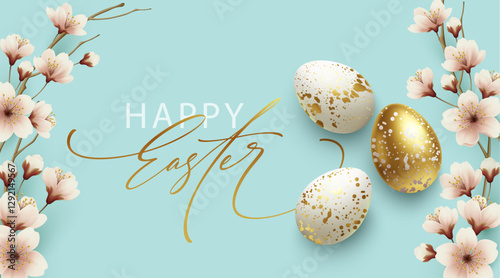 Easter Holiday Greeting Card with Gold Speckled Eggs, Pink Cherry Blossoms, and Elegant Typography