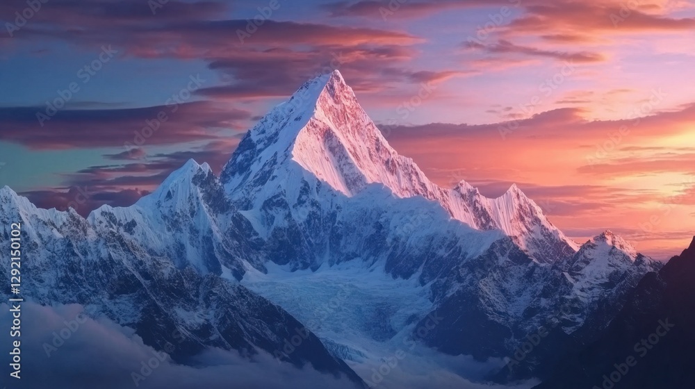Panoramic view to summit Ama Dablam and snow peaks with beautiful light after sunset in Nepal Panoramic view to summit Ama Dablam and snow peaks with beautiful light after sunset in Nepal