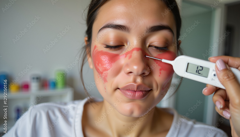 Woman with facial rash and fever being examined, showing symptoms of mosquito-borne infections like Mayaro, dengue, chikungunya, and Zika virus Woman with facial rash and fever being examined, showing symptoms of mosquito-borne infections like Mayaro, dengue, chikungunya, and Zika virus